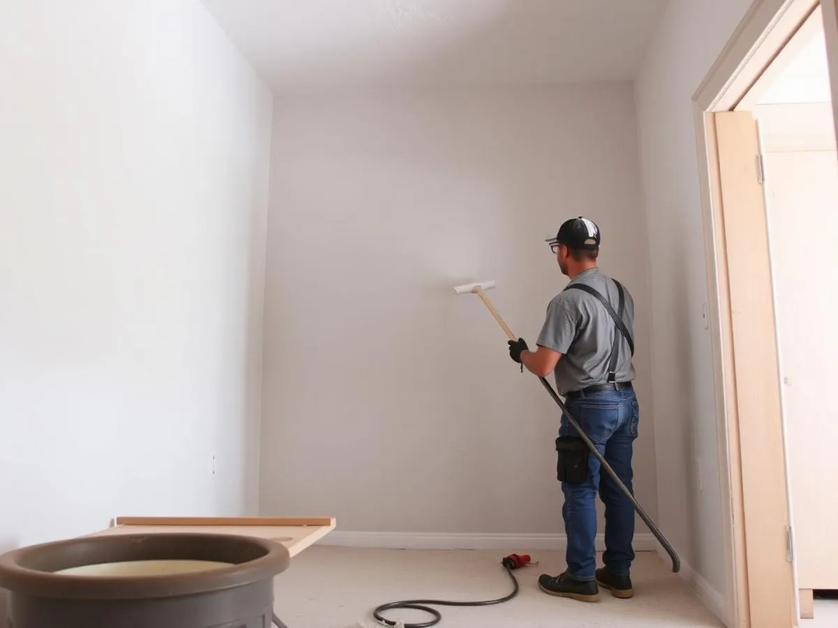 Worker removing dust and debris in a newly built home