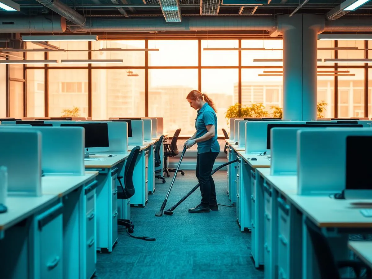 Cleaner vacuuming between desks in a modern office